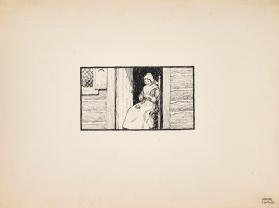 The Courtship of Miles Standish, untitled headpiece illustration (woman knitting in doorway)