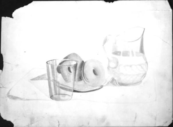 Untitled (still life with pitcher, glass and donuts)