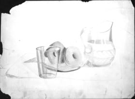 Untitled (still life with pitcher, glass and donuts)