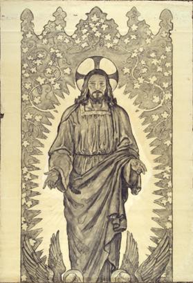 Composition drawing for center panel of reredos (Christ figure), Chapel of the Holy Spirit, Washington National Cathedral