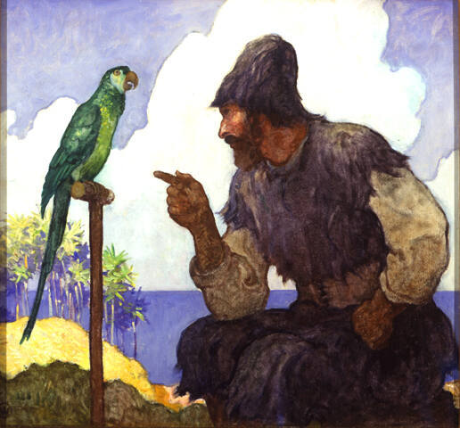 Robinson Crusoe, cover illustration for editions with maroon or black binding
