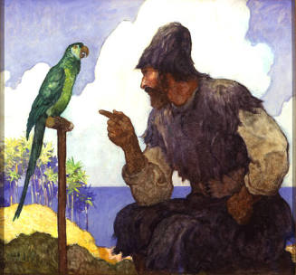 Robinson Crusoe, cover illustration for editions with maroon or black binding
