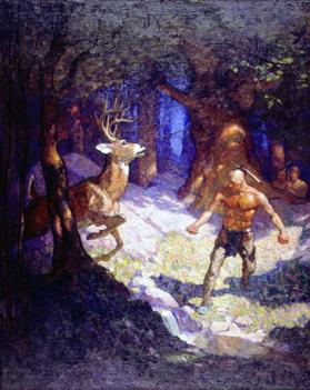 Uncas Slays a Deer   Avoiding the horns of the infuriated animal, Uncas darted to his side, and passed his knife across the throat