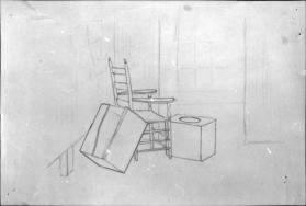 Untitled (still life of chair and two crates; verso, four geometric shapes)