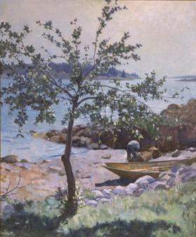 Untitled (coastal scene with apple tree in foreground)