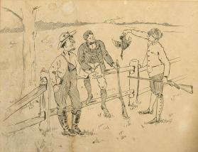 Untitled (two hunters with dead duck, confronted by farmer)