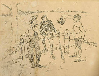 Untitled (two hunters with dead duck, confronted by farmer)
