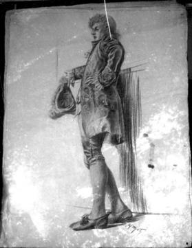 untitled (male model in velvet jacket, knickers, and ribboned shoes, holding tri-cornered hat)