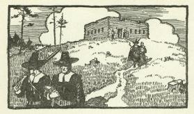 The Courtship of Miles Standish, untitled headpiece illustration (pilgrims leaving a log fort)