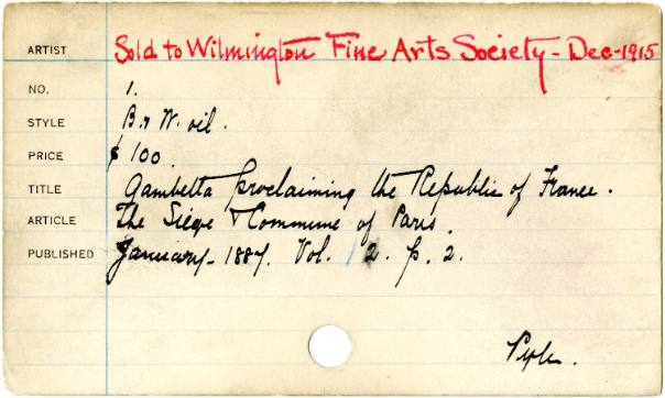 Card 1, sample card from “Illustrations” section of Scribner’s Card File, showing receipt, publ…