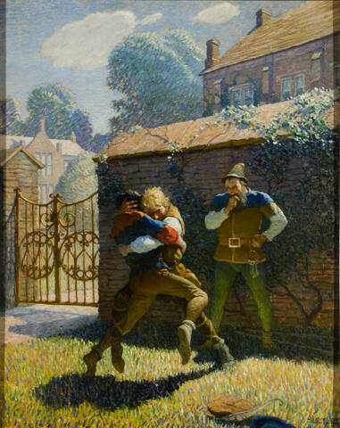 Robin Wrestles Will Stuteley at Gamewell
"Catch him by the middle," he shouted.  "Now you have him, lording, fairly.  Throw him prettily!"  And sure enough Stuteley came down.