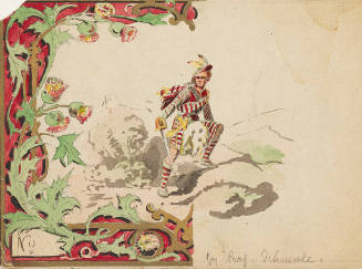 Untitled (ornamental border with thistles with a man in Scottish dress)