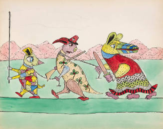 Plate #32 | Note, as these soldiers onward trot, | The Tortopoise keeps backward facing | While Nantipus and Mrs. Lot | Both follow suit in style debasing.