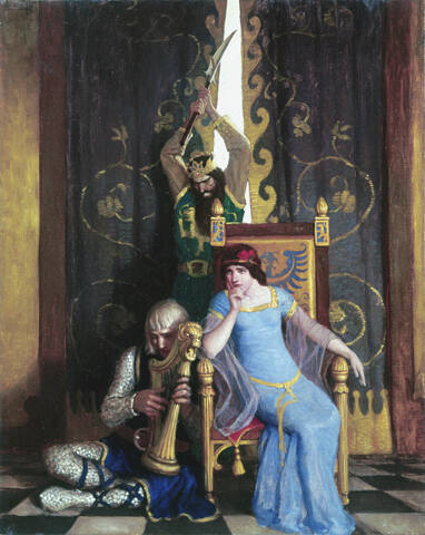 King Mark slew the noble knight Sir Tristram as he sat harping before his lady la Belle Isolde
