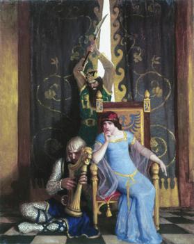 King Mark slew the noble knight Sir Tristram as he sat harping before his lady la Belle Isolde