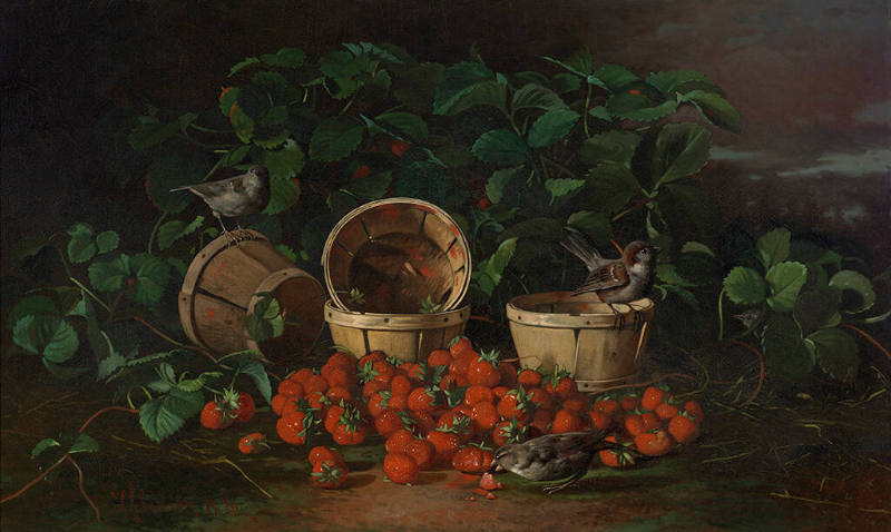 Still Life with Strawberries and Sparrows