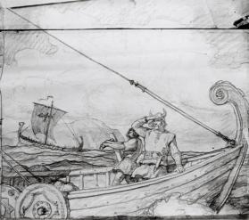 Norsemen Sight America's Shores, composition drawing