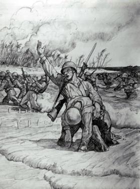 untitled (WW II Marines landing on beach), composition drawing