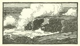 The Courtship of Miles Standish, untitled headpiece illustration (surf crashing on rocks)