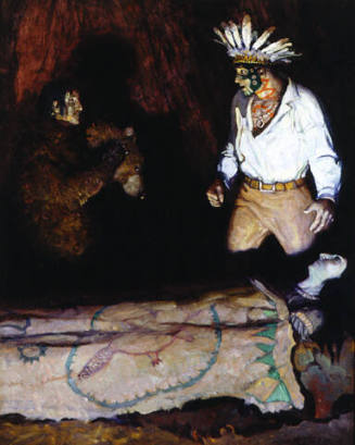 The Masquerader 
The grim head fell on one side, and in its place appeared the honest, sturdy countenance of the scout