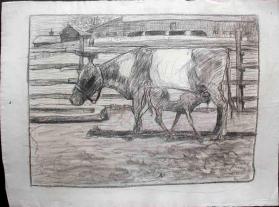 Untitled (Cow, calf and barn)