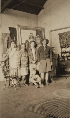 caption: N. C. Wyeth and Carolyn Bockius Wyeth, in the studio, circa 1927, with the framed Pete…