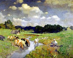 untitled (Chadds Ford pasture scene with cows and herder)