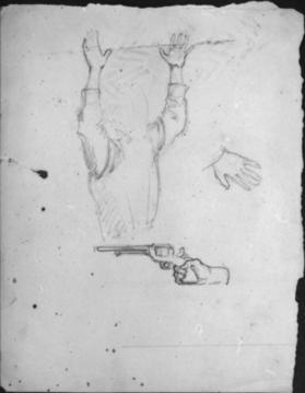 Untitled (study of a figure with his hands up; hand holding a pistol)