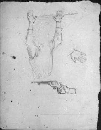 Untitled (study of a figure with his hands up; hand holding a pistol)