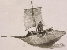 He spread his sail of pandanus leaves and headed back toward New Caledonia