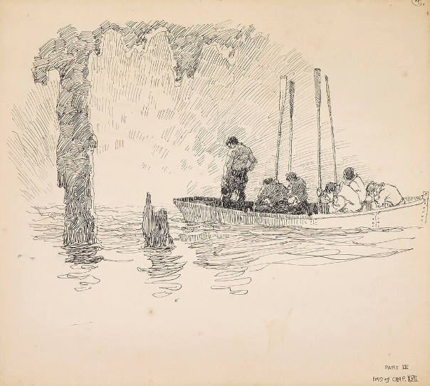 The Mysterious Island, untitled tailpiece  (boat with figures holding oars straight up)