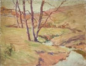 untitled (landscape with brook and several trees)