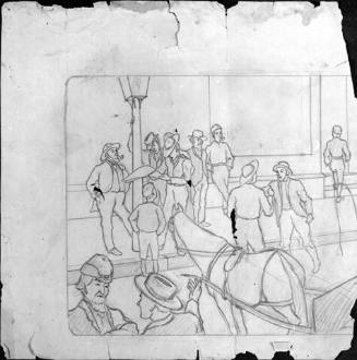 Election Night (in the country), outline drawing; verso, study of a horse and rider, Indian and horse, hand holding a pistol)