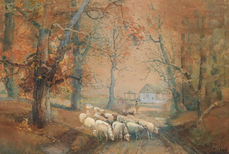 Untitled (Sheep being herded down a lane)