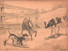 title unknown (calf, dog, and goat confronting each other)