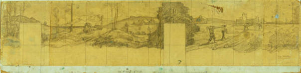 Wash Day in Plymouth / The Building of a Cabin, composition drawing ruled for transfer