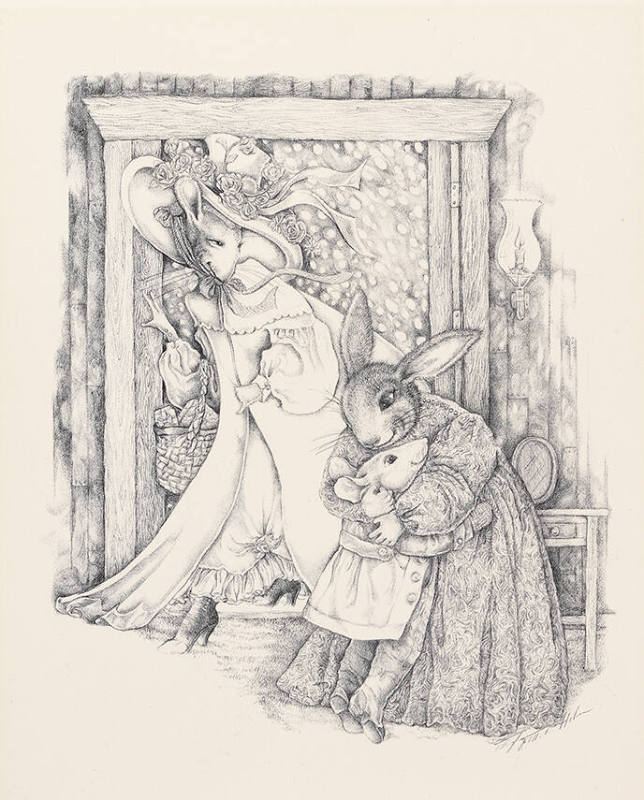 Mrs. Rabbit stands by her door and welcomes everyone