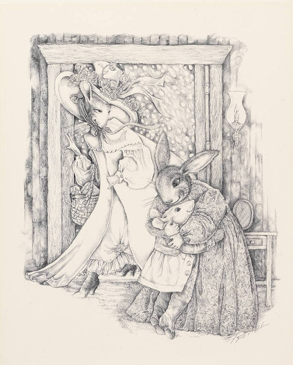 Mrs. Rabbit stands by her door and welcomes everyone