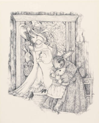 Mrs. Rabbit stands by her door and welcomes everyone