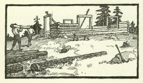 The Courtship of Miles Standish, untitled headpiece illustration (building a log house)