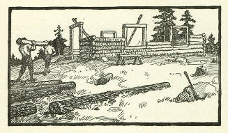 The Courtship of Miles Standish, untitled headpiece illustration (building a log house)
