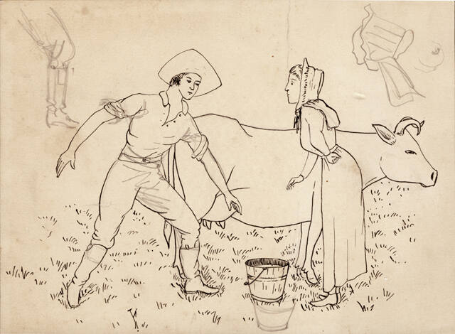 Untitled (farmer, wife, and cow; verso, sketches of boots and figures)