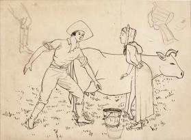 Untitled (farmer, wife, and cow; verso, sketches of boots and figures)