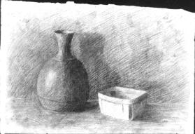 Untitled (still life with vase and berry basket)