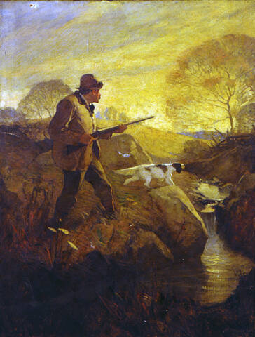 Untitled (hunter and dog beside stream)