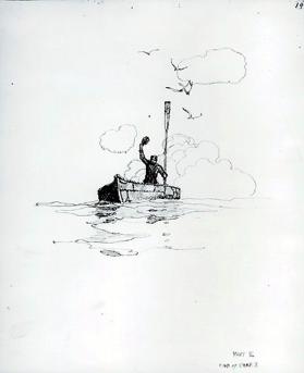 The Mysterious Island, untitled tailpiece  (figure in boat, waving hat and holding oar)