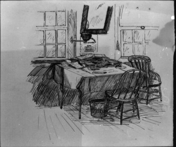 Untitled (interior of a room with table and two chairs)