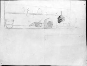 Untitled (study of a kitchen sink, with pans and bowl)