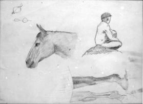 Untitled (study of a horse's head, a jockey, and horse's feet)