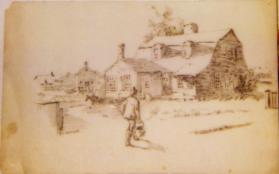 untitled (rear view of a house with male figure in the foreground)